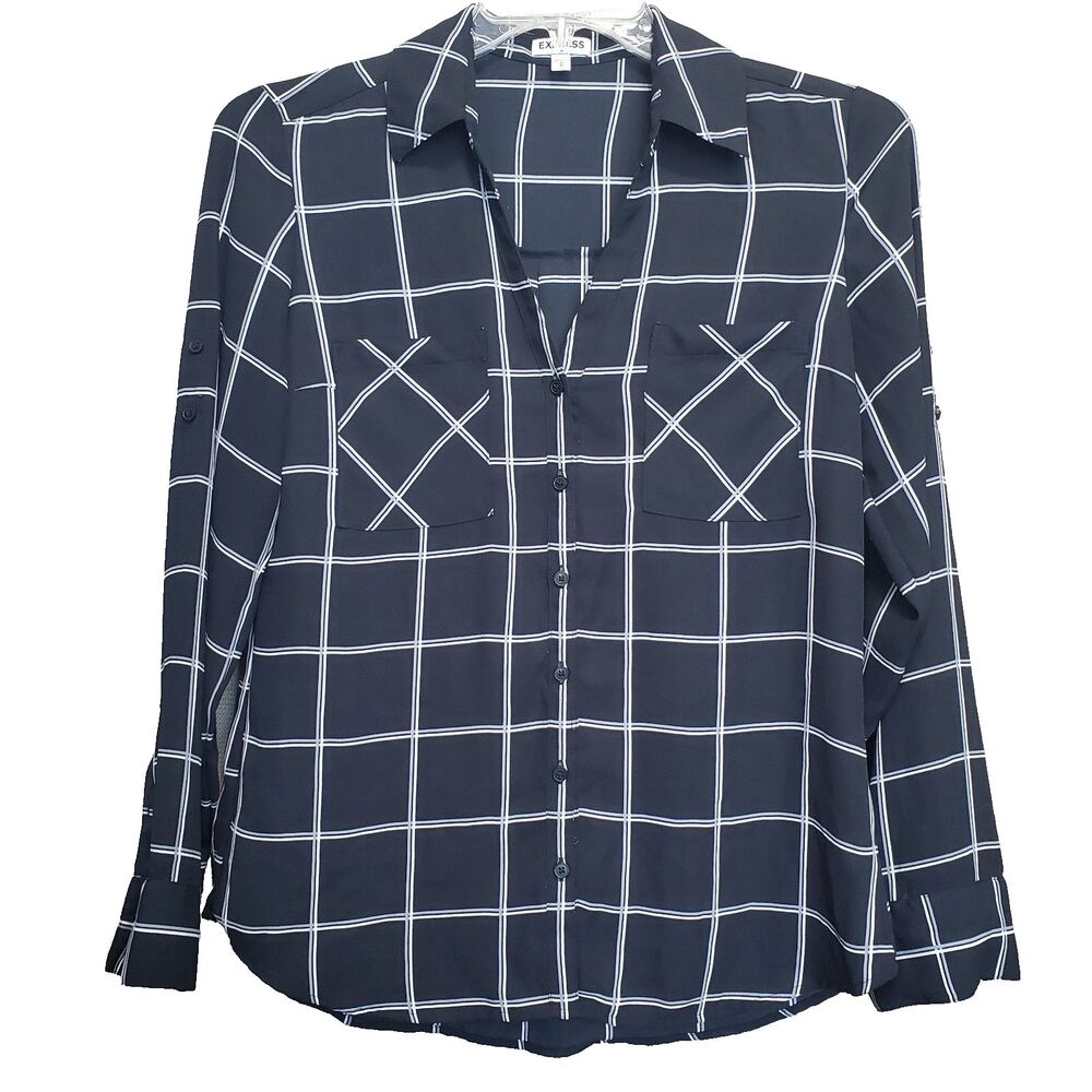 Express Black Windowpane Plaid Roll-Tab Button-Up Shirt Size Medium